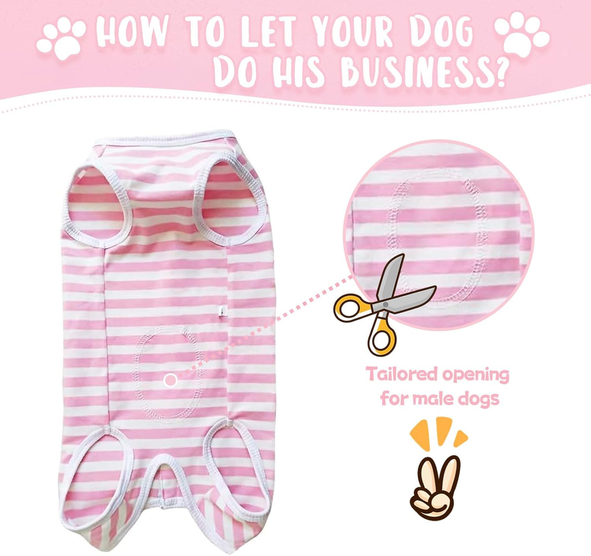 Dog surgical recovery suit in pink and white stripe pattern