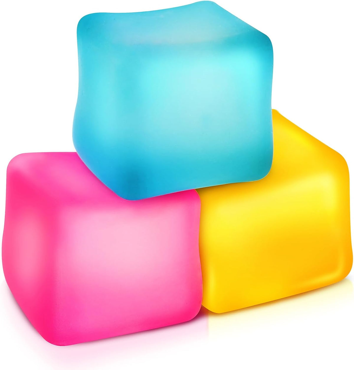 ZaxiDeel Fidget Toys Stress Cube Three Pack front view displaying pink yellow and blue squishy squares.