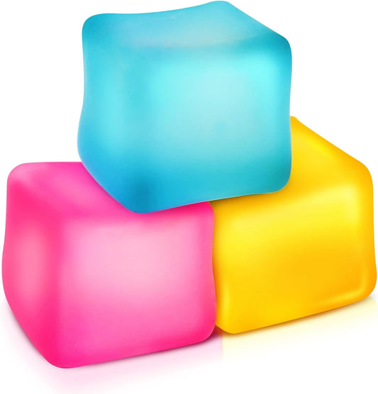 ZaxiDeel Fidget Toys Stress Cube Three Pack front view displaying pink yellow and blue squishy squares.