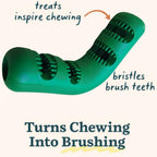 Large breed dog chewing on a durable green dental enrichment toy with treat refill