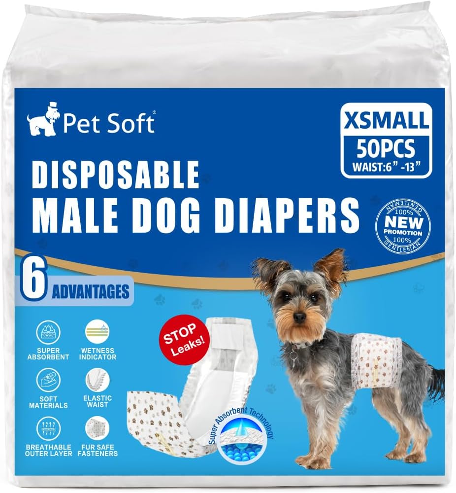 Pet Soft imported male dog diapers showing premium packaging for pet care
