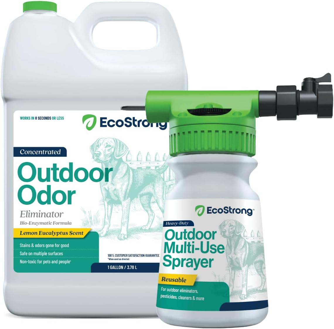 Eco Strong Outdoor Odor Eliminator front view bottle with sprayer for lawn care