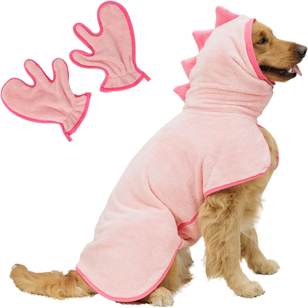 Small dog wearing Pawyee blue dinosaur bathrobe