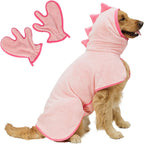 Small dog wearing Pawyee blue dinosaur bathrobe