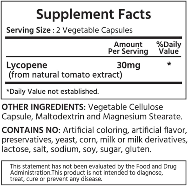 ML Naturals Natural Lycopene back label showing ingredients