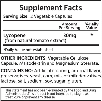 ML Naturals tomato extract lycopene supplement bottle showing supplement facts label and 30 mg dosage.