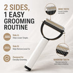 Dual-sided undercoat rake safely grooming a thick-furred cat
