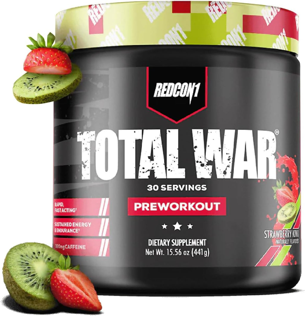 Redcon1 Total War Strawberry Kiwi Pre Workout tub front view for muscle pump.