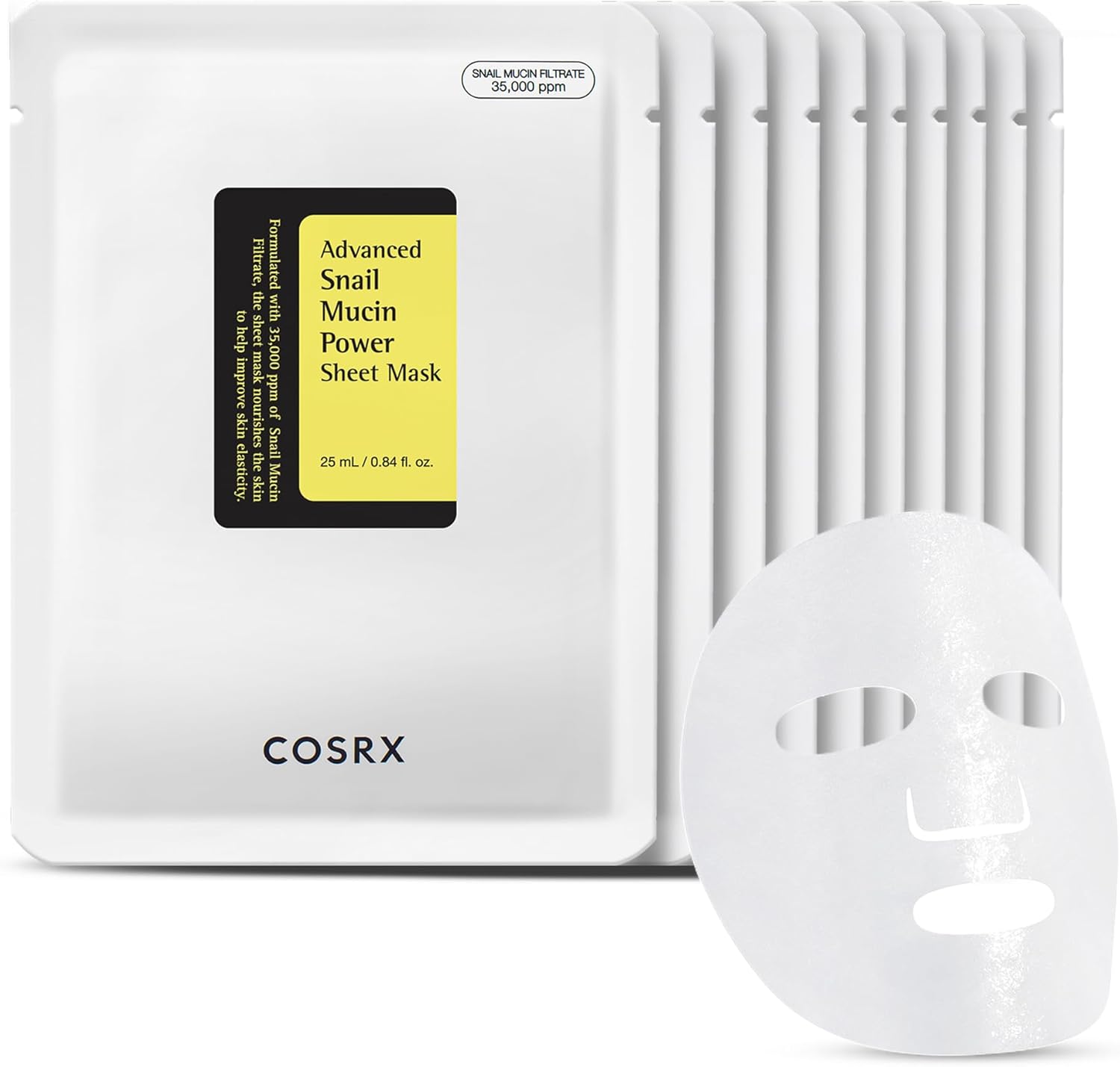 COSRX Snail Mucin Sheet Mask 10 Pieces packaging showing the snail secretion filtrate concentration