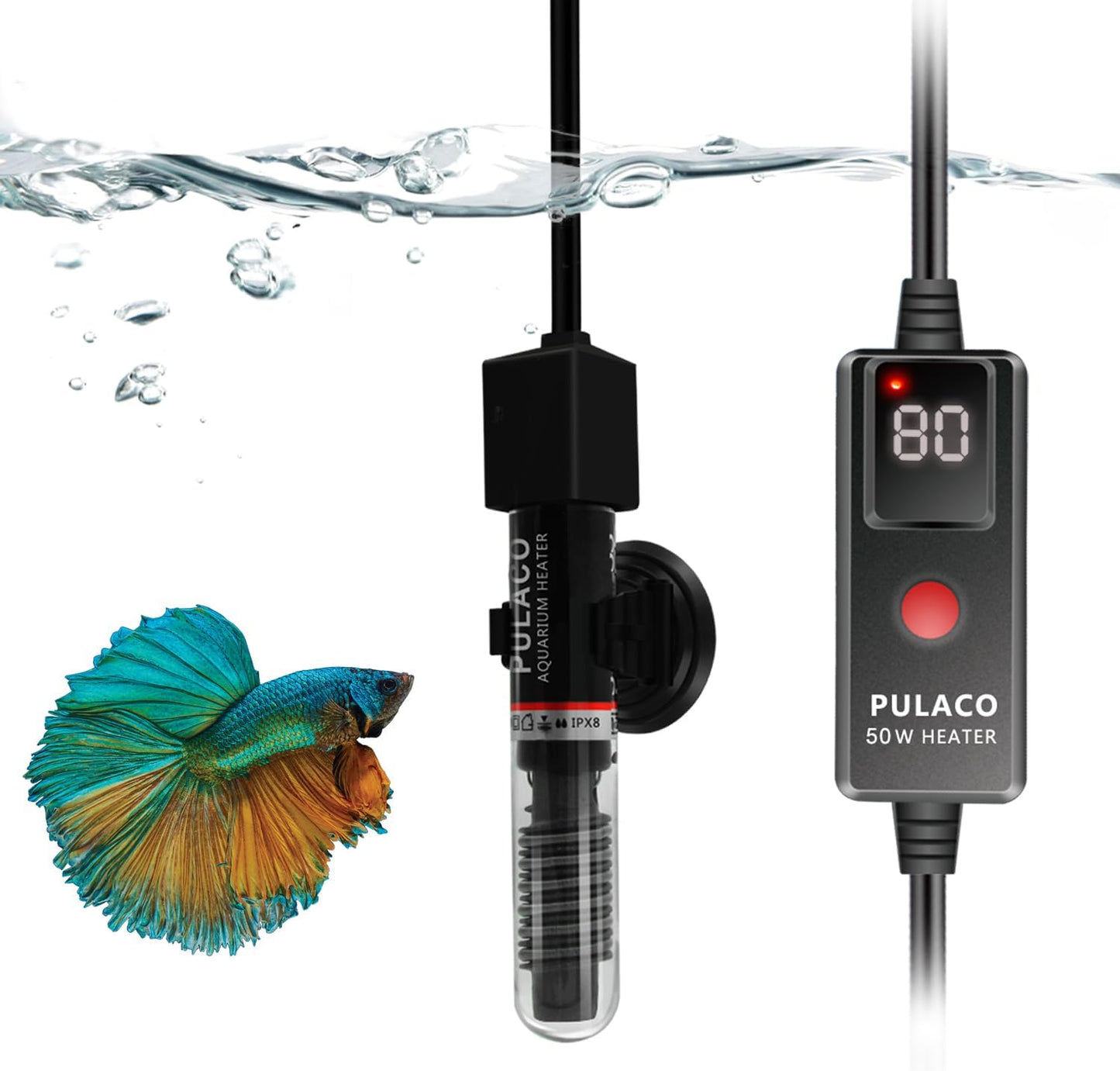 Pulaco 50W mini aquarium heater with external controller front view