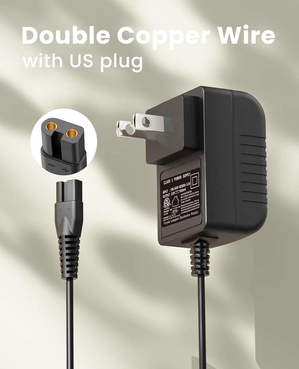 Black replacement AC charging adapter for Oneisall cordless pet grooming clippers uncoiled