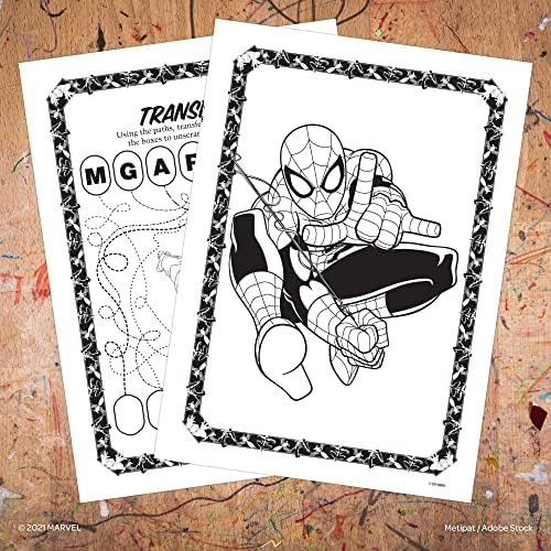 Inside pages of the Marvel superhero activity book displaying mazes and puzzles for kids.