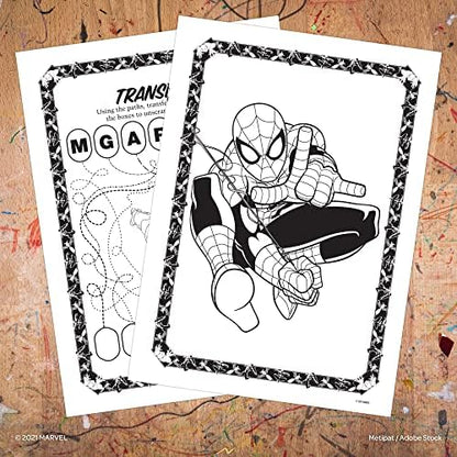 Inside pages of the Marvel superhero activity book displaying mazes and puzzles for kids.