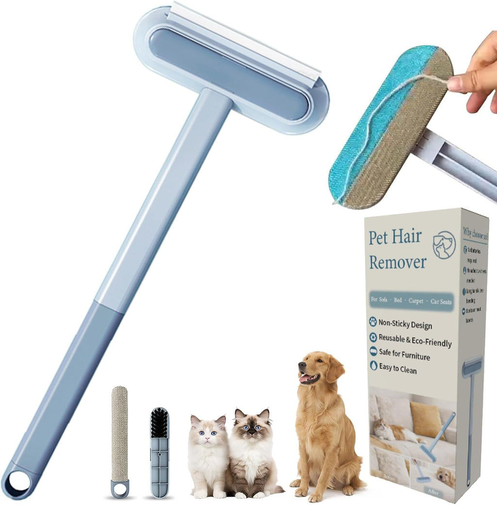 Rudra Retails 4-in-1 Pet Hair Remover Brush front view displaying 17.7 inch blue handle