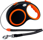 Meekamar retractable dog leash front view showing orange and black design