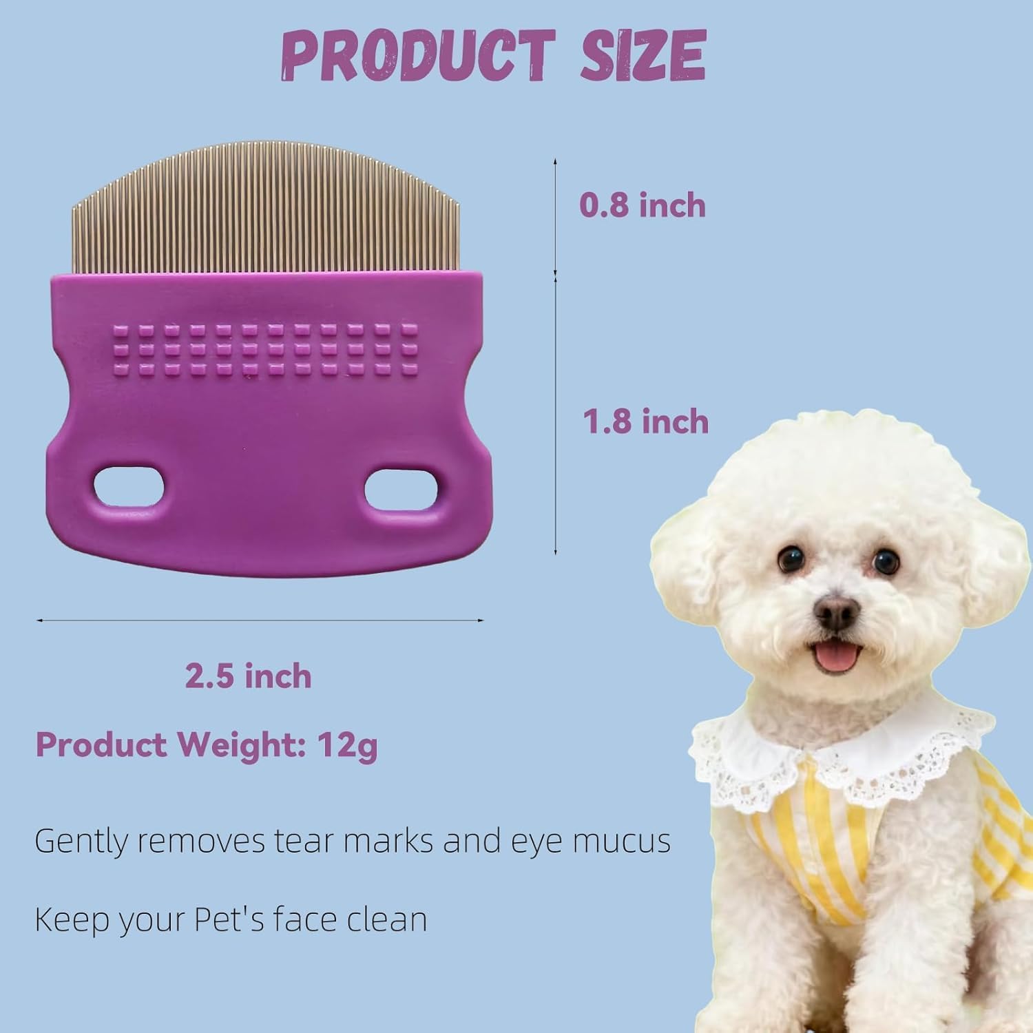 Close up of curved pet eye comb teeth for sensitive skin