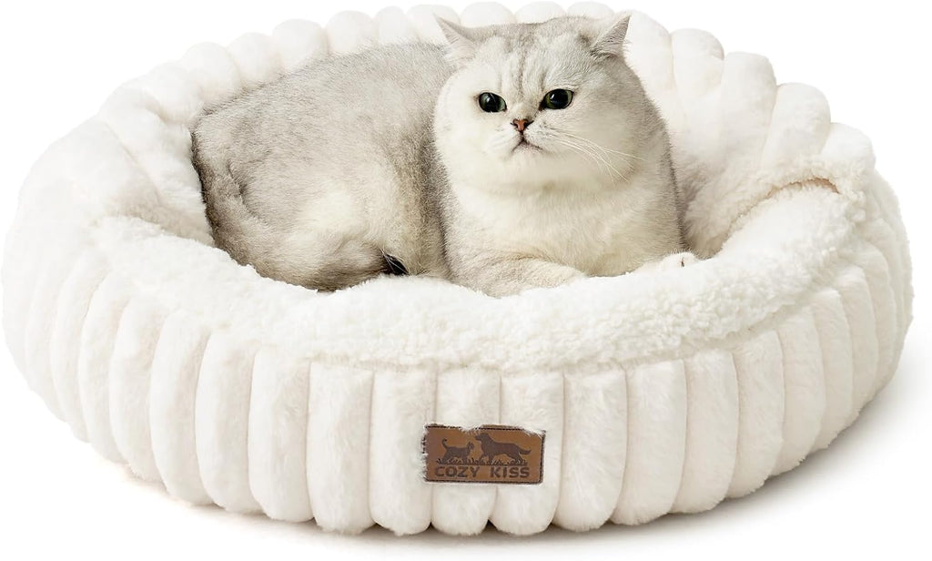 COZY KISS Hooded Blanket Cat Bed - 20"x20" Round Fluffy Donut Cuddler for Cats & Toy Dogs, Anti-Anxiety Faux Fur Pet Bed, Machine Washable with Non-Slip Bottom, Cream - Image 9