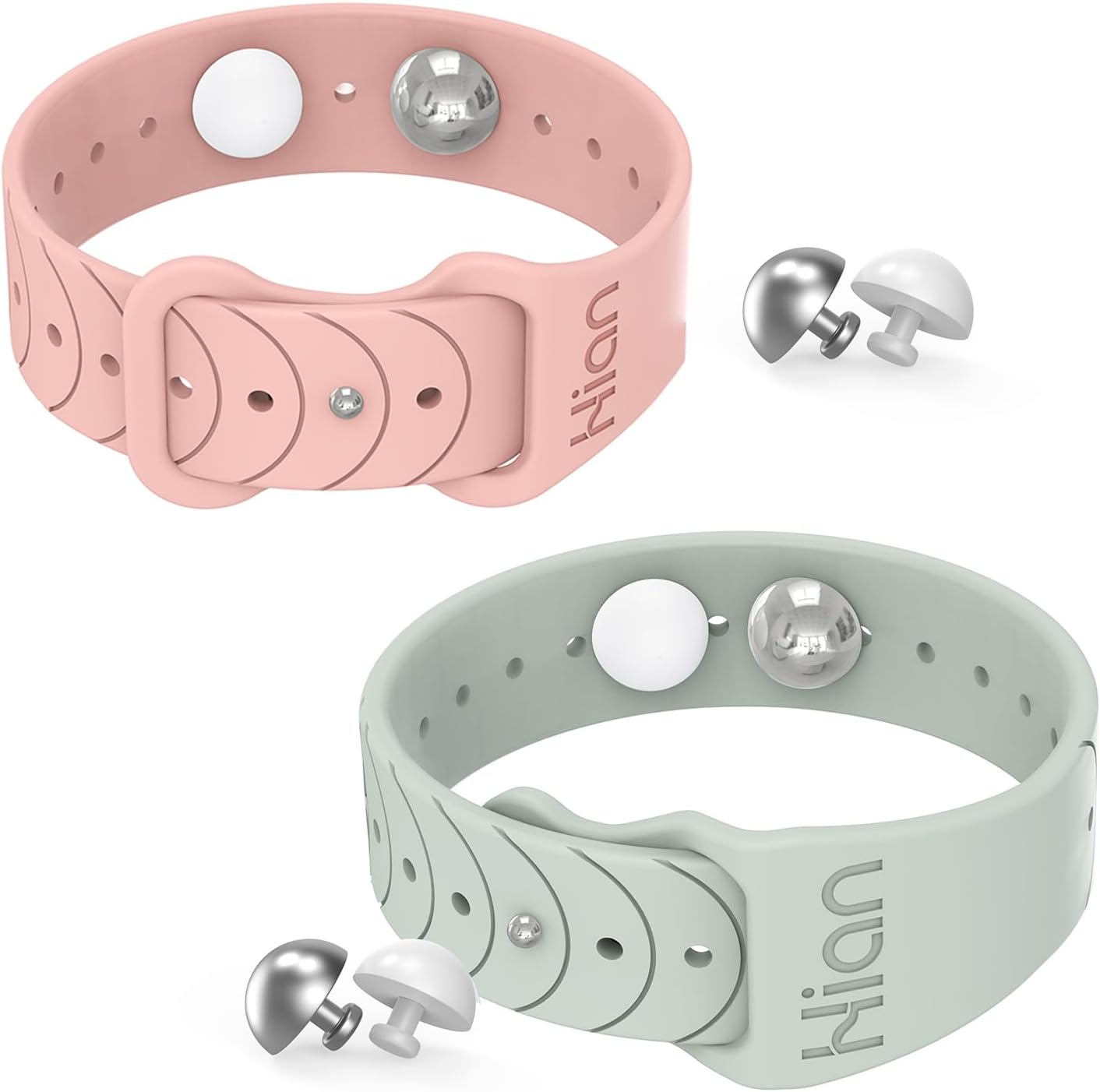 Hion motion sickness wristbands front view showing beryl and pink adjustable straps.