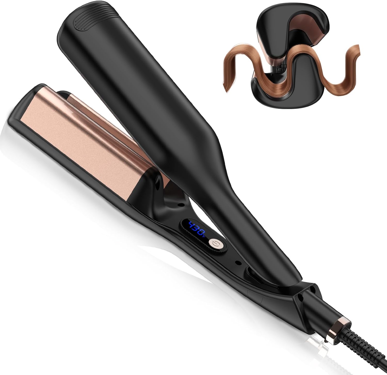WEEYUM Wave Curling Iron front view showing the rose gold double barrel ceramic hair crimper design