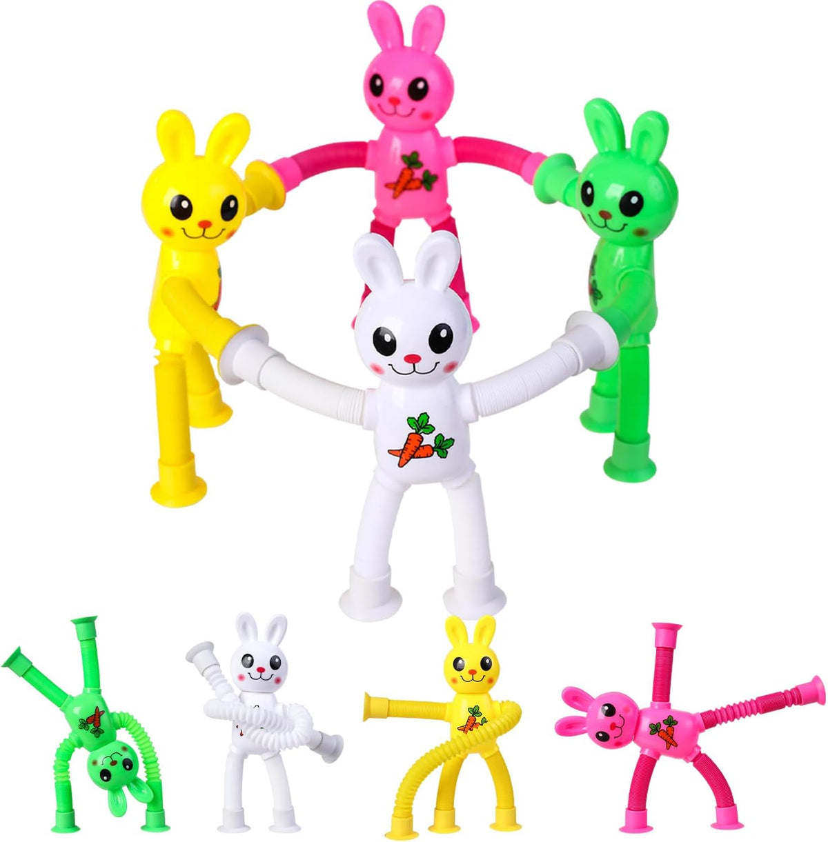 Limpskys Telescopic Suction Cup Bunny Toy Four Pack showing front view of colorful rabbit fidget figures.