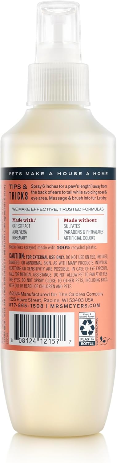 Mrs. Meyers plant derived no rinse cat spritz bottle packaging