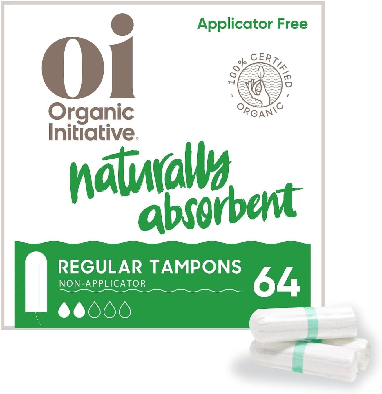 Oi Organic Initiative 100% Certified Organic Cotton Non-Applicator Tampons front view 64 count