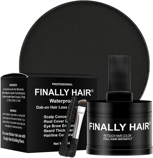 Finally Hair Fiber Concealer front view showing the waterproof black powder container