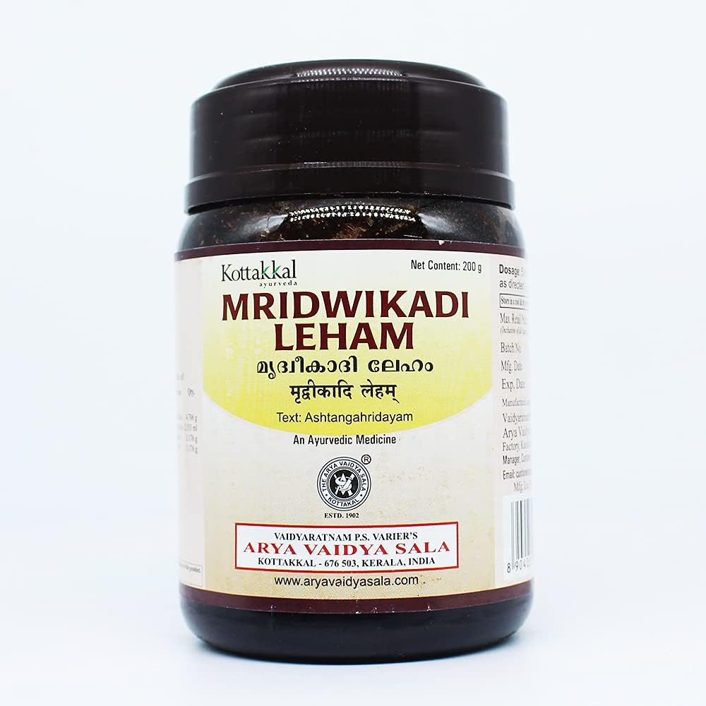 Kottakkal Arya Vaidya Sala Mridwikadi Leham 200 grams bottle front view for respiratory health.