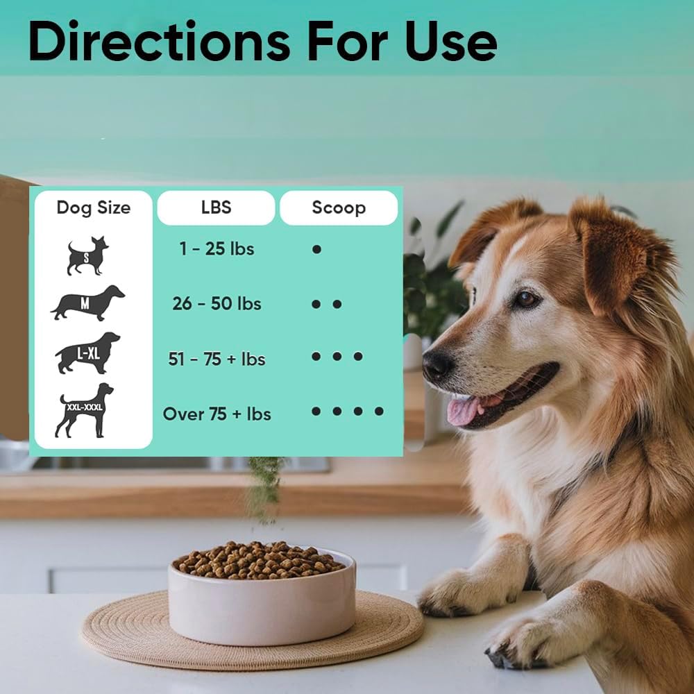 Natural herbal blend pet dental care formula showing easy food topper application details.