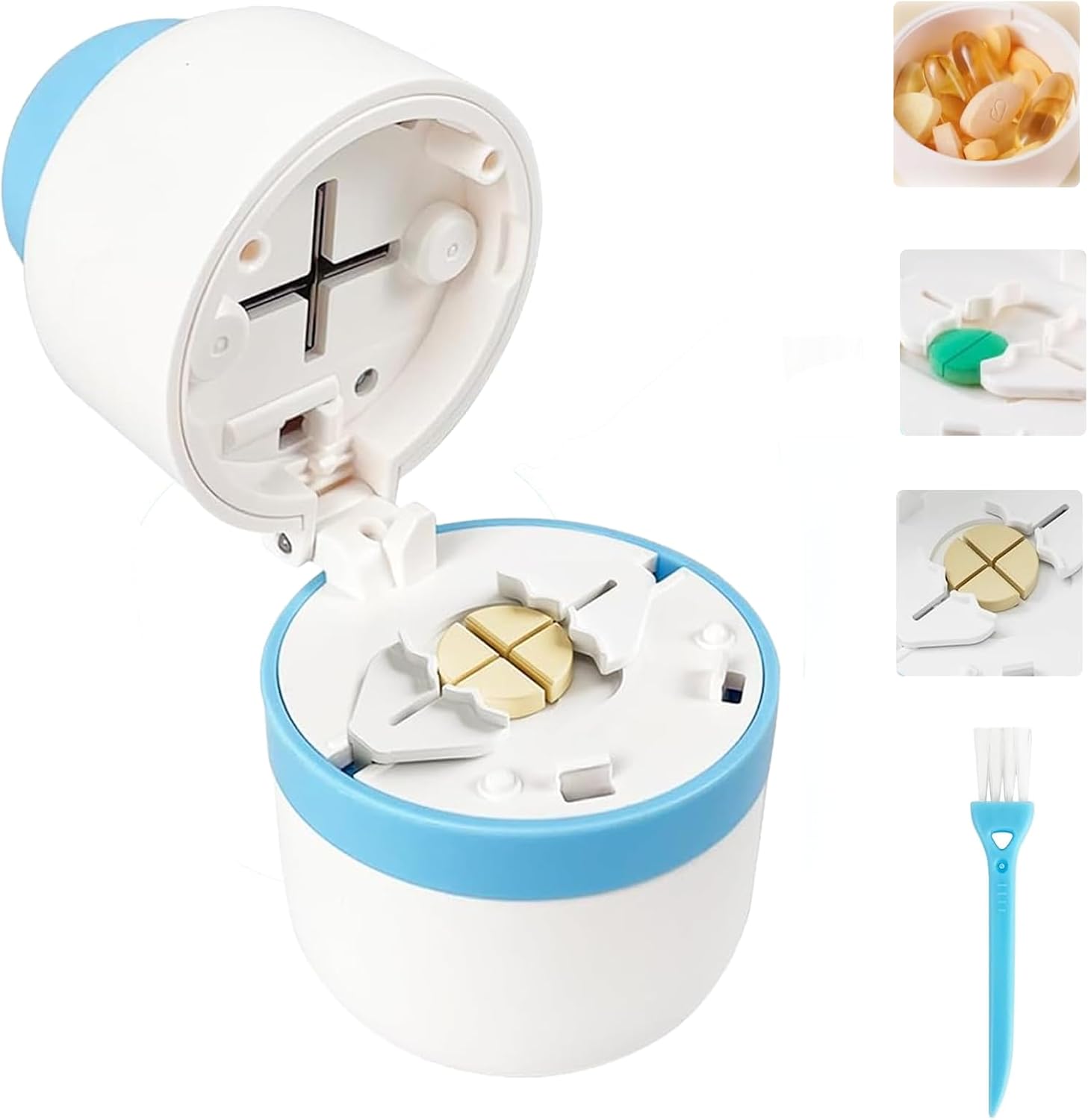Veroral precision pill cutter front view showing blue housing