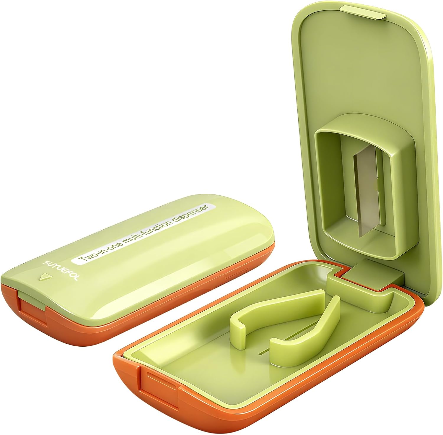 JohnBee Pill Cutter front view showing green compact housing and safety lid.