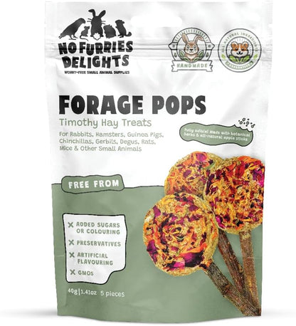No Furries Delights Forage Pops 5 count packaging front view showing natural Timothy hay treats