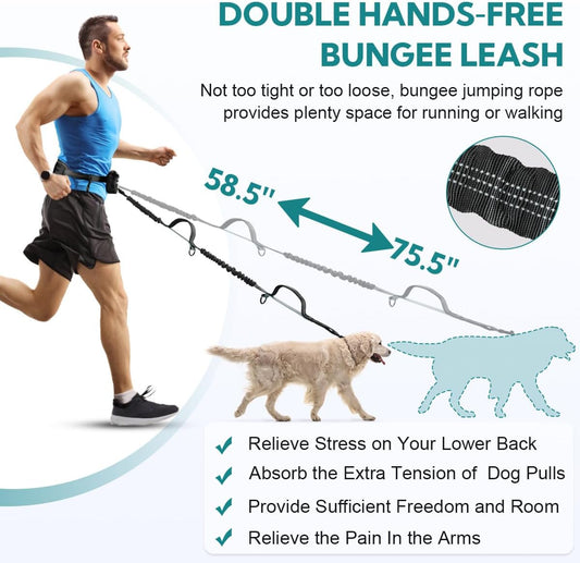 Heavy duty dual dog leash retractable bungee cords with reflective stitching details.