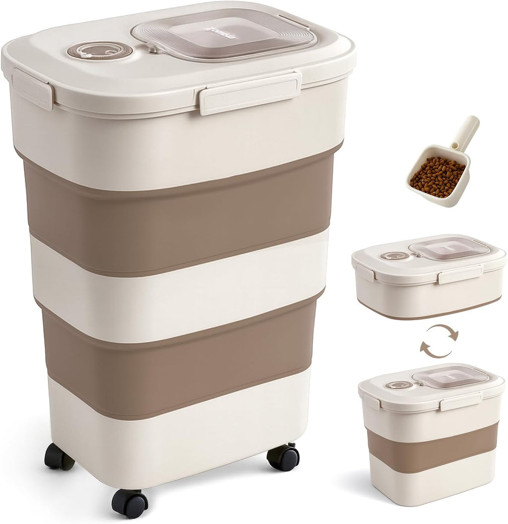 ZOMISIA 40-50lbs Dog Food Storage Container, Large Capacity Collapsible Airtight Pet Food Storage Containers with Rolling Wheels, Transparent Lid, Scoop and Date Track, Khaki - Image 9