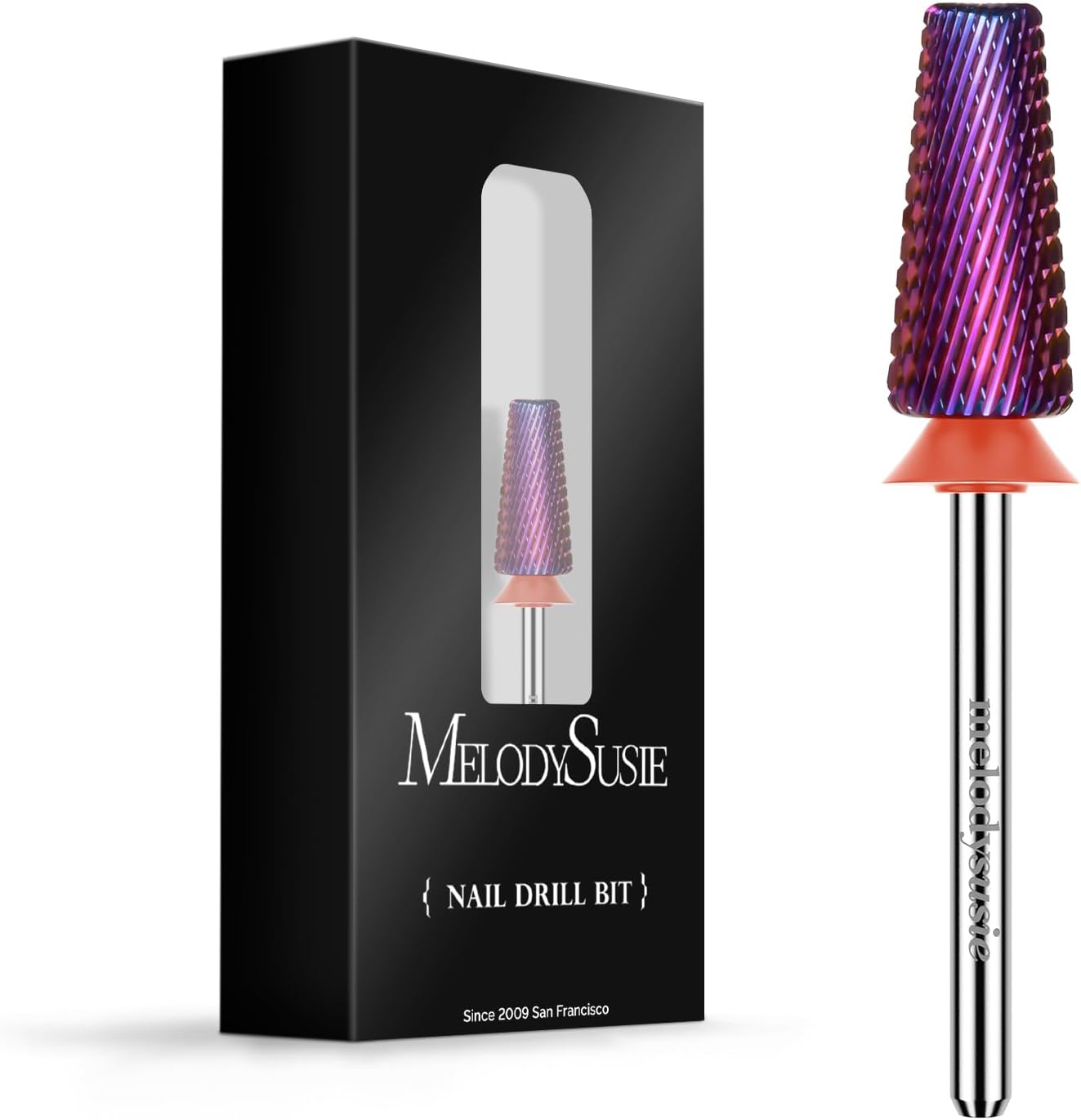 MelodySusie Professional 5 in 1 tungsten carbide nail drill bit front view showing the purple fine grit barrel.