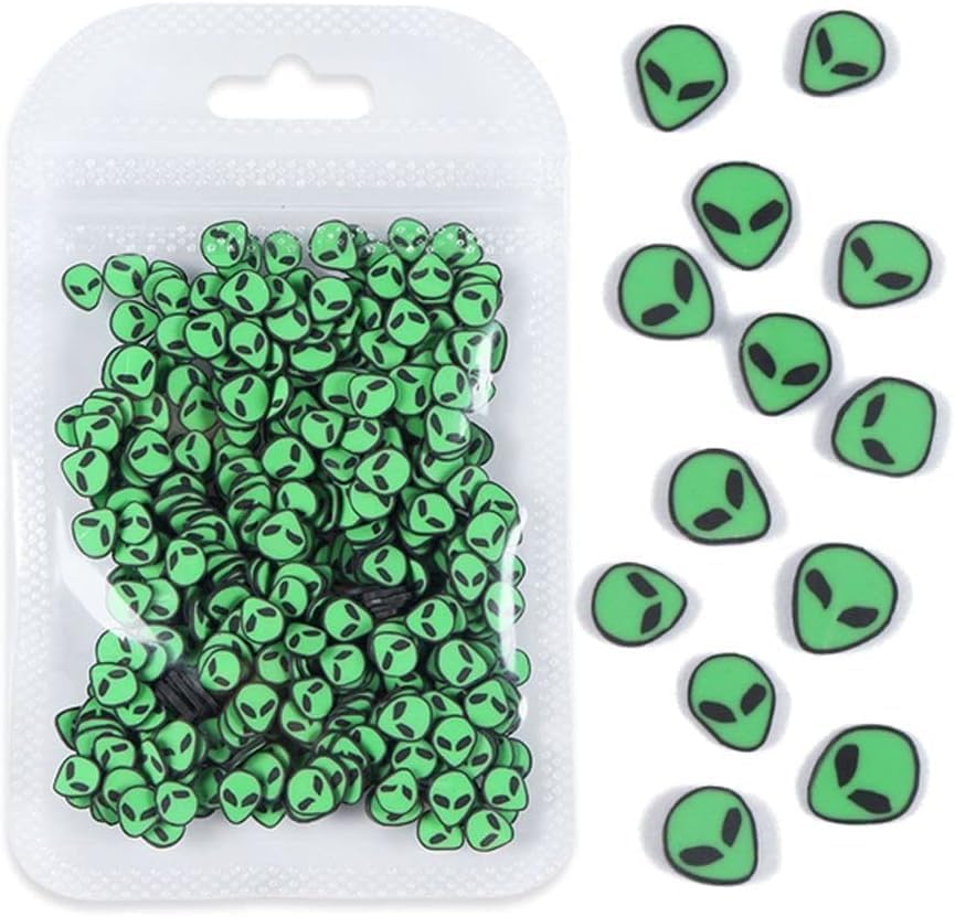 DragonFireGlass 3D green alien polymer clay slices front view for nail art