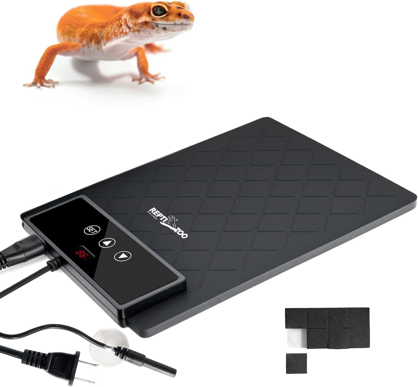 REPTI ZOO Reptile Heat Pad front view showing the textured eleven watt heating mat and digital thermostat controller switch.