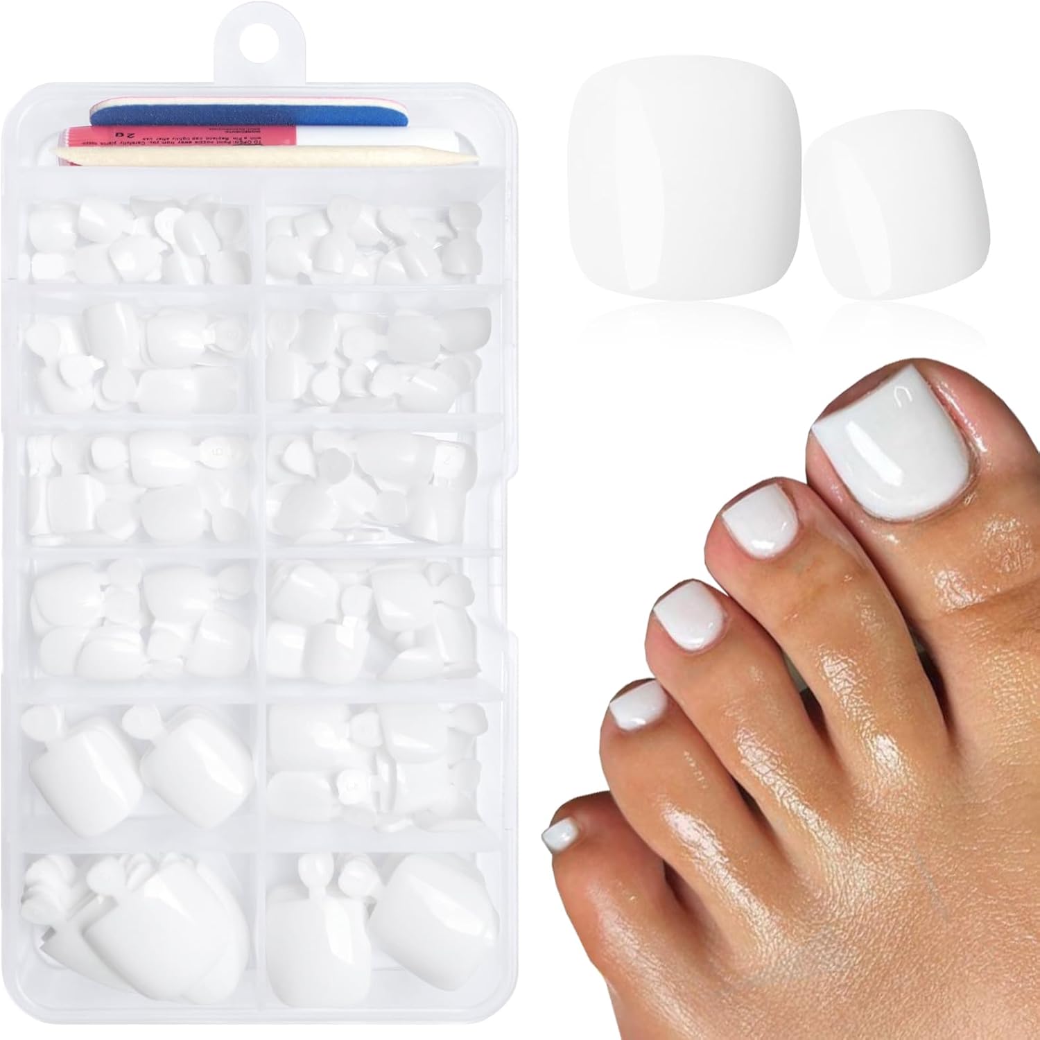 LuckForever 168pc white press on toenails kit with adhesive tabs and glue