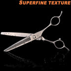 Fengliren seven inch curved thinning shears presented in their premium protective storage packaging.