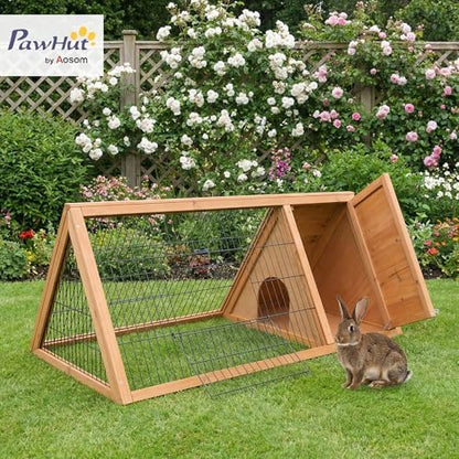 PawHut 46" x 24" Wooden A-Frame Outdoor Rabbit Hutch, Small Animal Cage, Bunny Hutch with Outside Run & Ventilating Wire, Yellow - Image 3