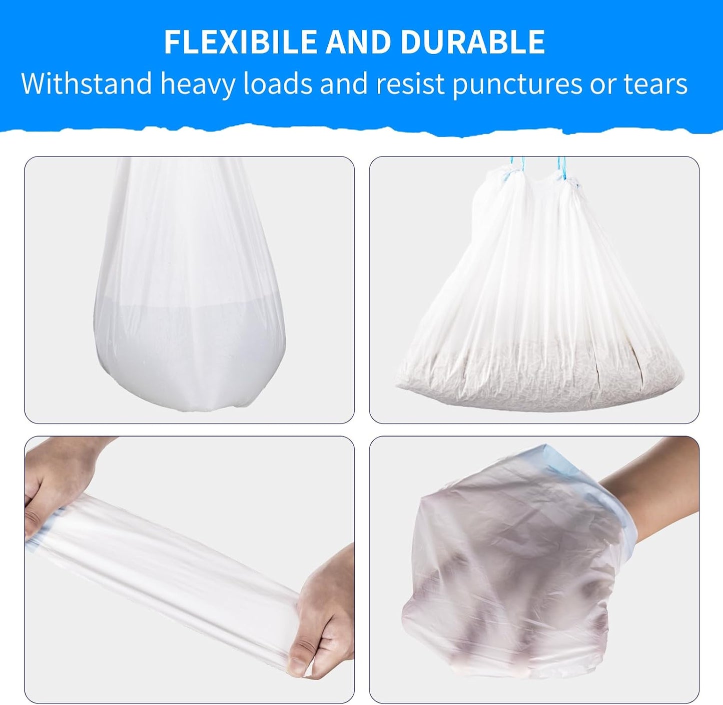 Puncture resistant fifteen liter cat litter bag showing high stretchability