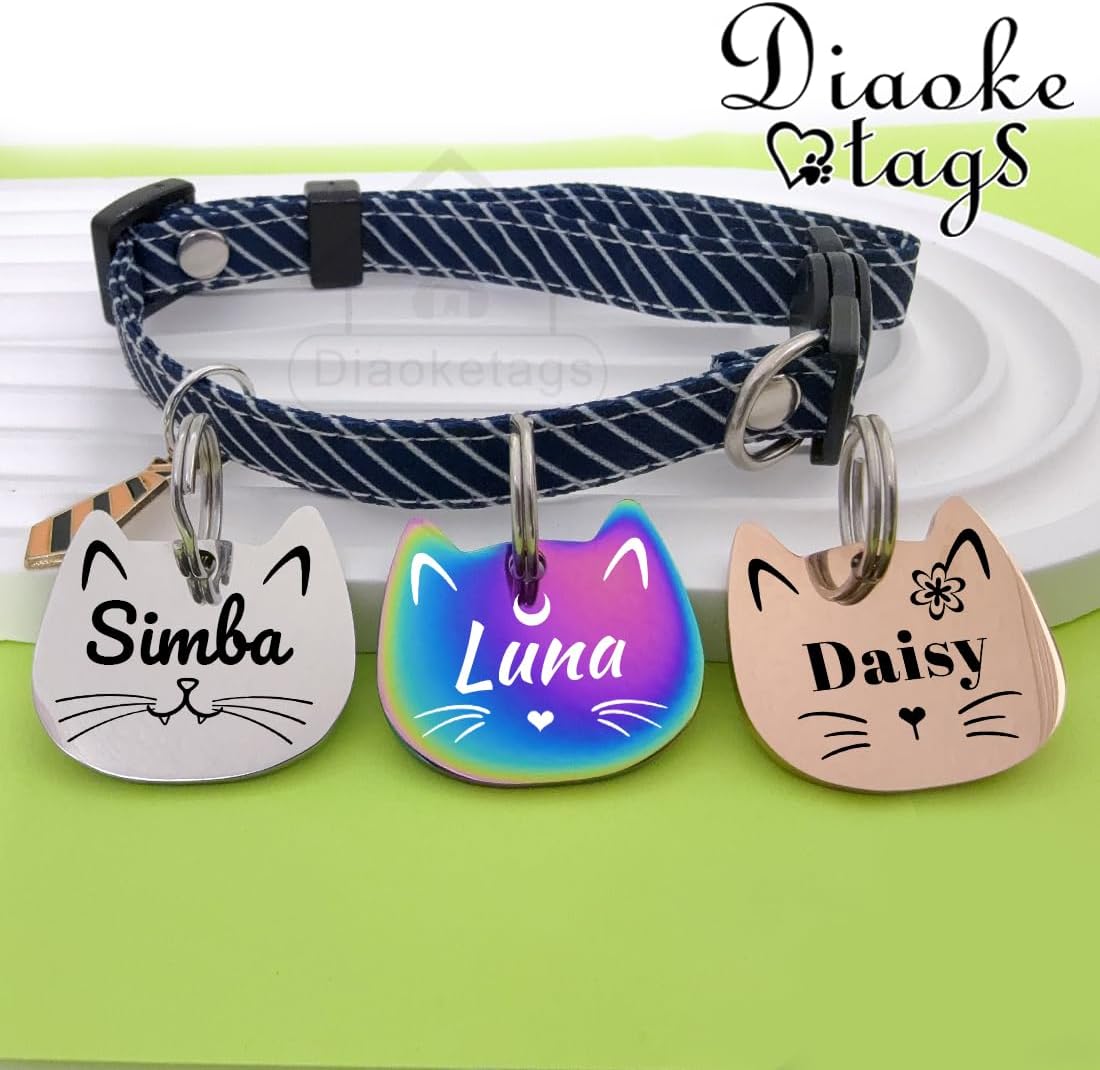 Diaoketags double sided engraved cat nameplate attached to a pet collar with a stainless steel split ring