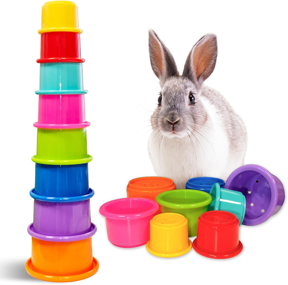 8 Pcs Stacking Cups for Small Animal Toys,Nesting Rabbit Toys of Different Sizes,Safe Plastic Colorful Nesting Toys for Bunny Guinea Pig Hiding Food and Playing - Image 9