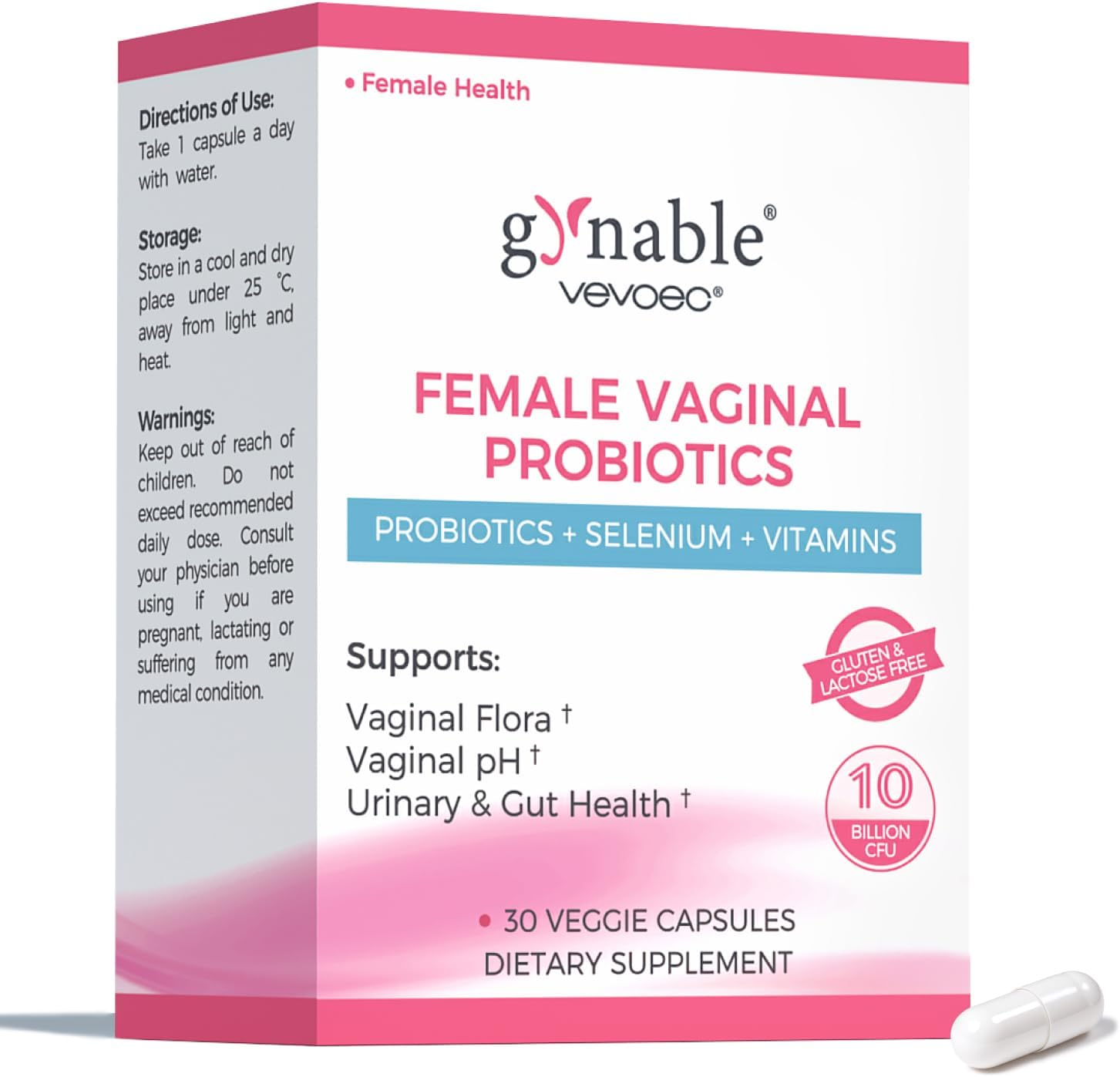 Vevoec Gynable Vaginal Probiotics front bottle view