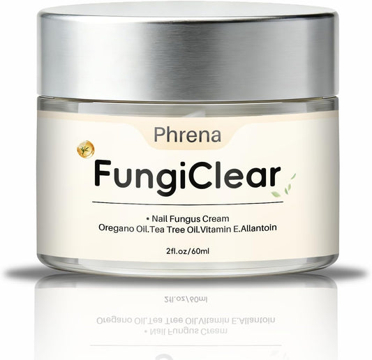 Phrena FungiClear Nail Repair Cream front view jar for damaged toenails.