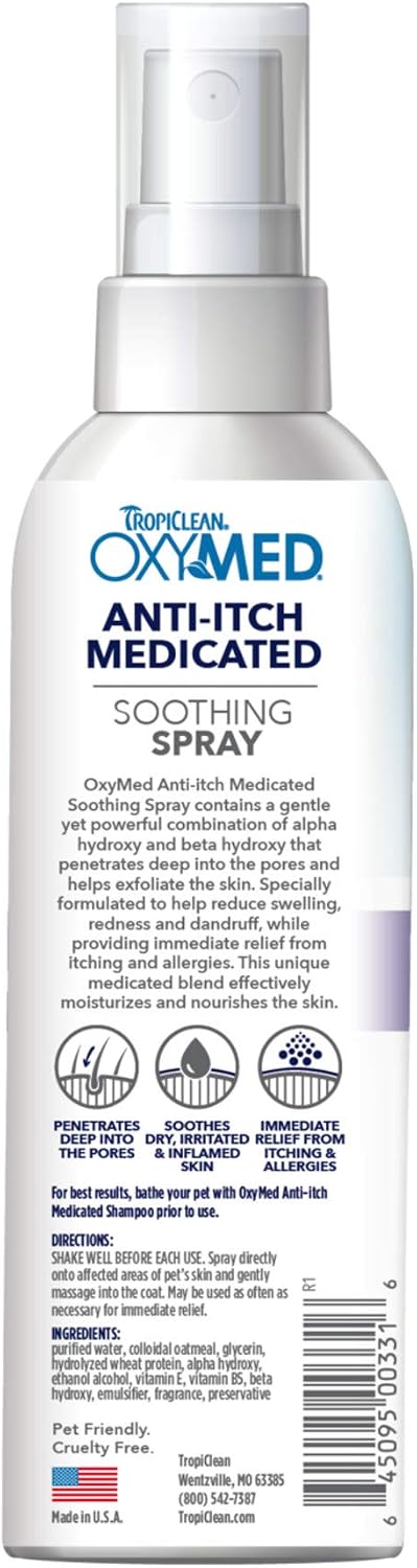 TropiClean medicated spray back label with ingredients and usage