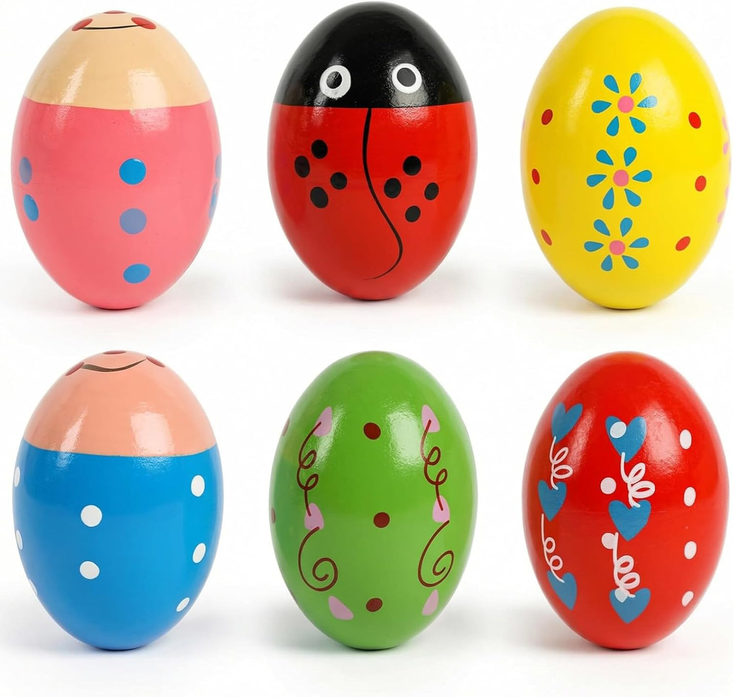 SallyFashion 6 Piece Wooden Egg Shakers front view featuring six colorful assorted pattern musical eggs arranged neatly.