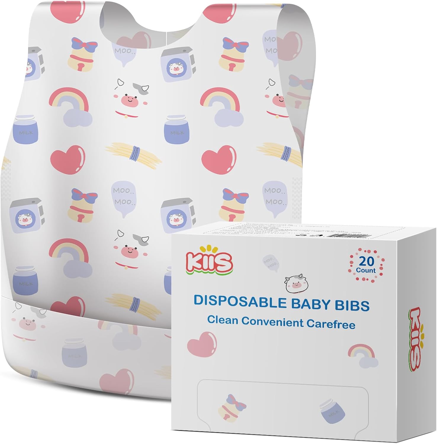 KIIS disposable baby bibs front view showing full coverage smock style on a toddler during travel feeding.