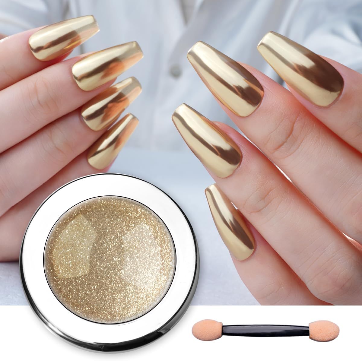 Pretty Diva Champagne Gold chrome nail powder jar front view