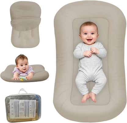 Lucakuins bionic baby lounger cream grey front view